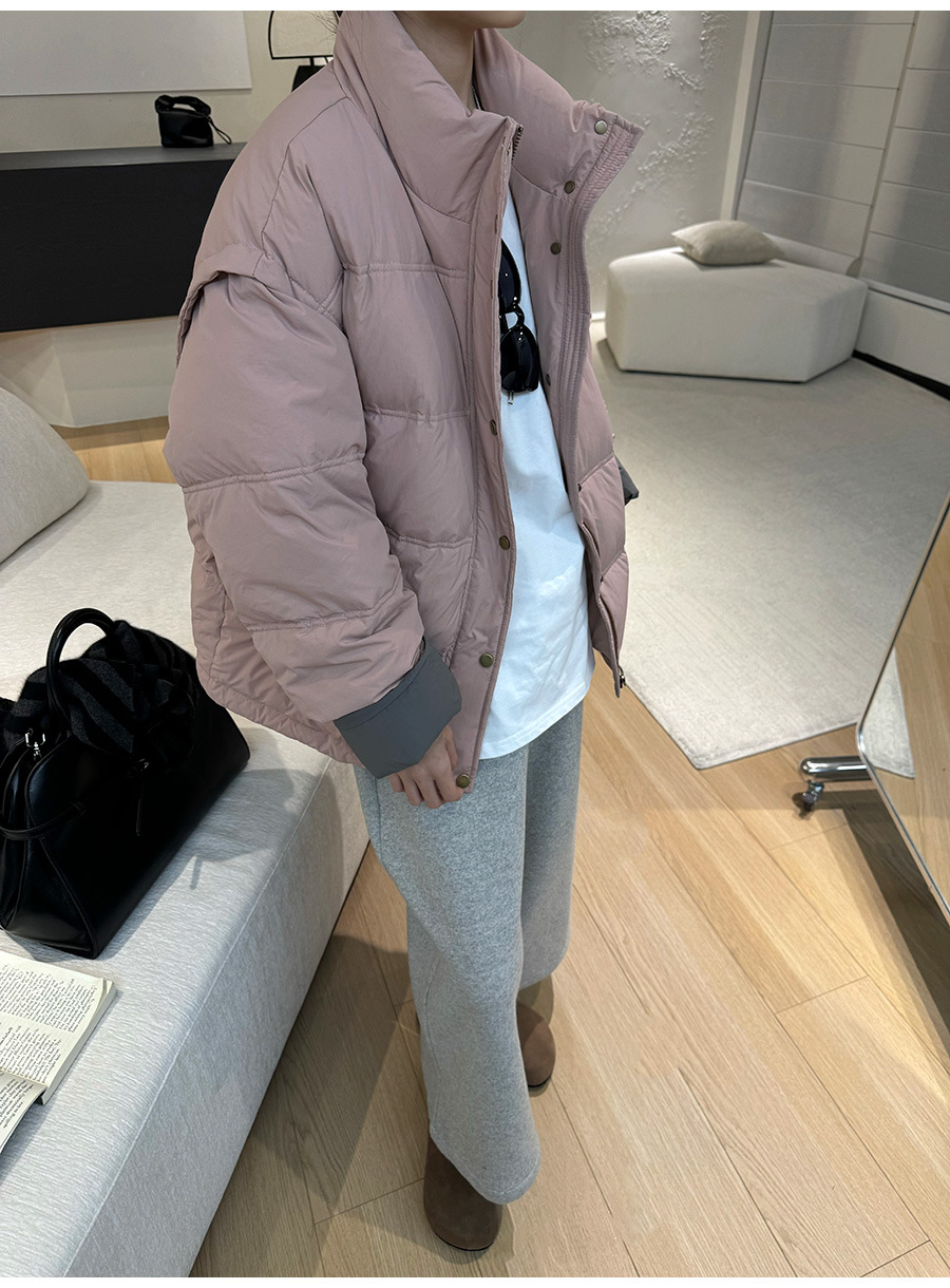 黎诺韩系休闲拼色白鸭绒羽绒服女2024冬季新款立领宽松面包服外套详情19