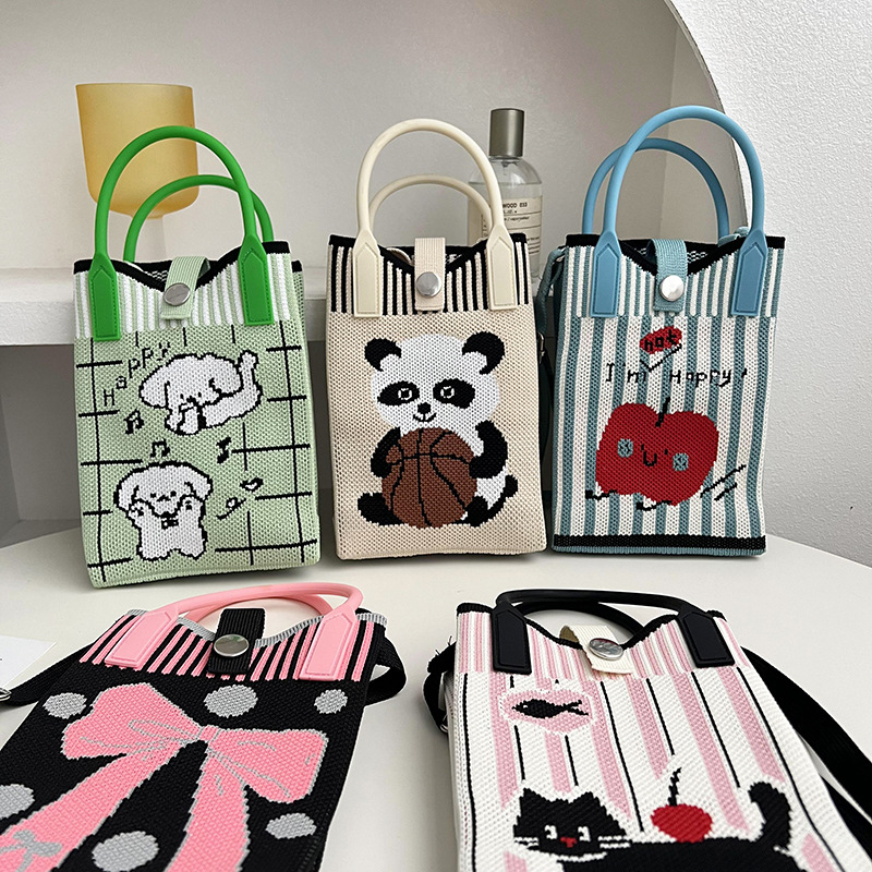 Bolsa de mochila, nicho de diseño, lindo bolso de teléfono móvil, gato de dibujos animados bolso de punto, bolso de mano, mini bolso de hombro de punto