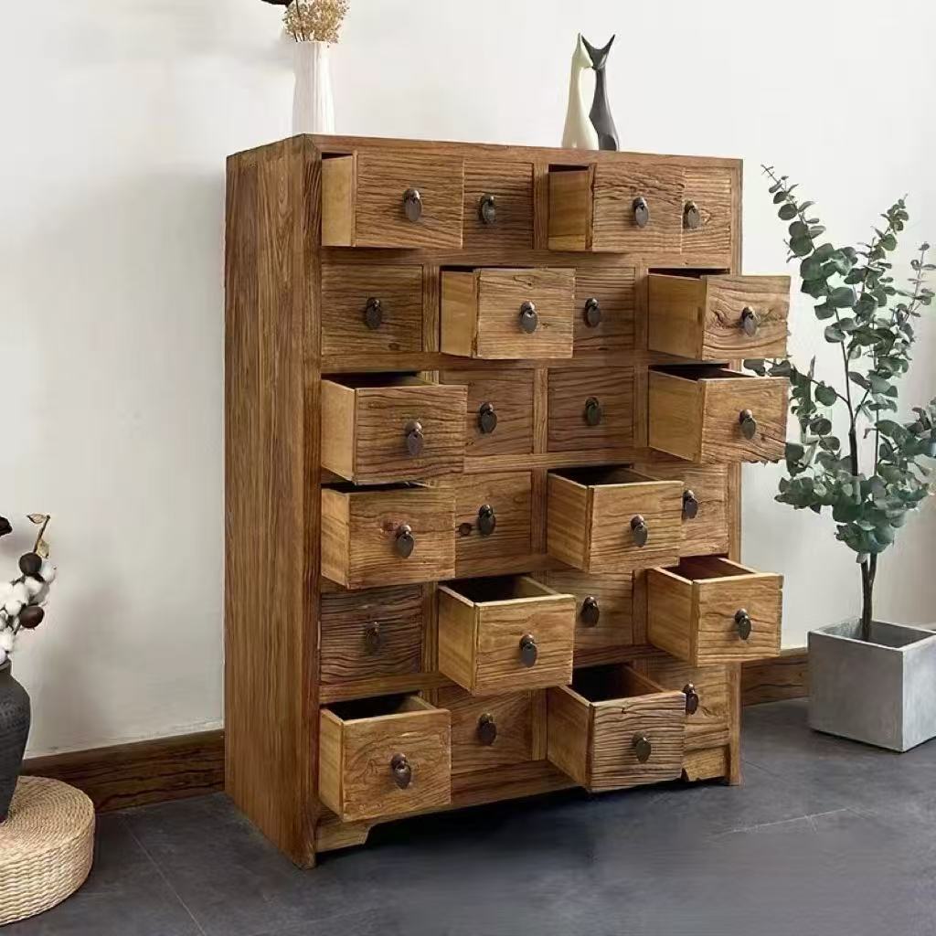 Zen-Style Old Elm Wood Multi-Compartment Storage Cabinet, Vintage Chinese-Style Old Door Panel Sideboard, Home Living Room Wall Cabinet, Storage Cabinet