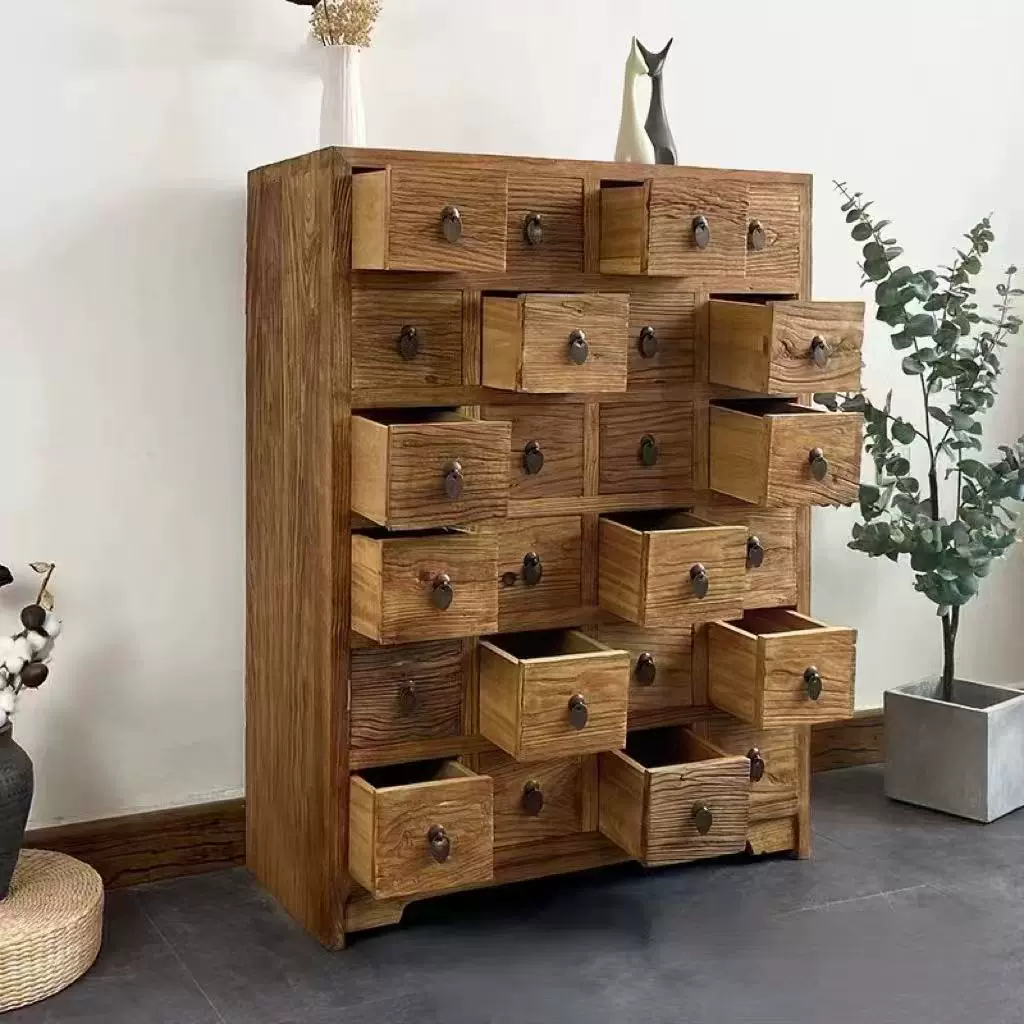 禅意老榆木多格收纳柜复古中式老门板餐边柜家用客厅墙边柜储物柜