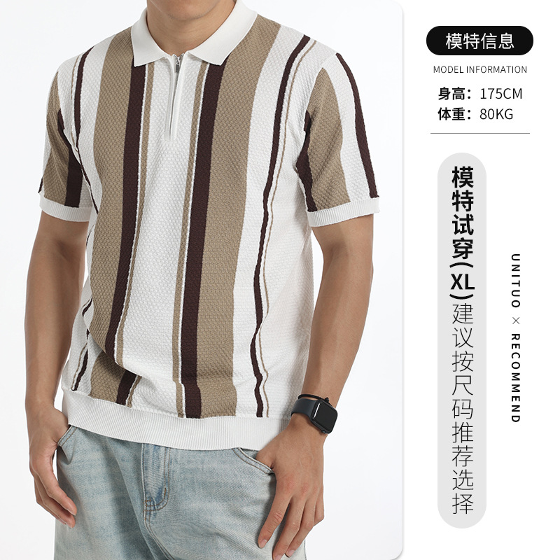Europa y Estados Unidos transfronterizos hombres rayas hielo tejido polo medio cremallera solapa manga corta ligera camiseta casual de negocios madura