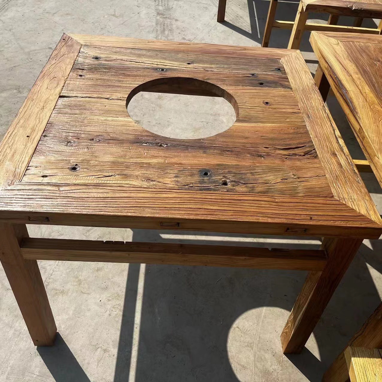 Old Elm Hot Pot Table Dining Table Chinese Solid Wood Eight Immortals Table Hole Barbecue Table Home Restaurant Hotel Commercial Dining Table