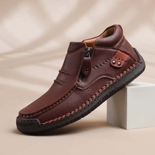 跨境大码男鞋户外休闲鞋一脚蹬平底手工皮鞋春高帮大码鞋