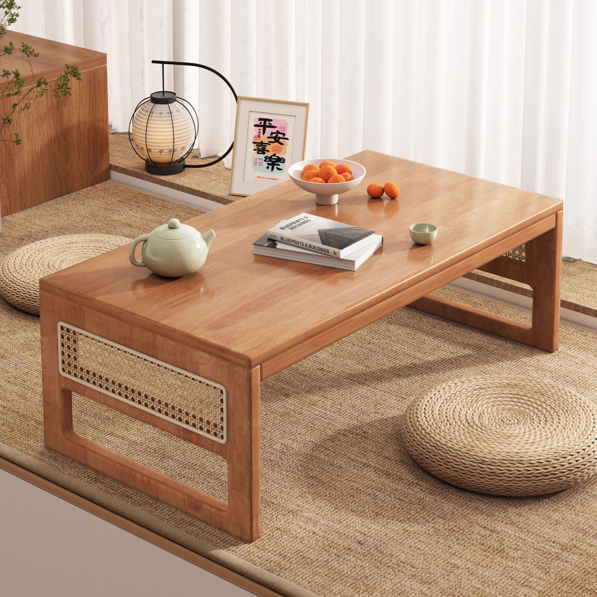 Mesa de cang tejida de caña mesa de tatami mesa de cama de escritorio de computadora mesa de ventana flotante nueva mesa de té china de madera maciza