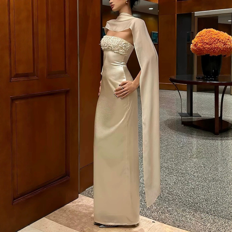 rovente Flowing Light Feast White Strapless Dress for Women, Slim-Fit, with Shawl, Sequined, Elegant Long Gown rovente Flowing Light Feast White Strapless Dress for Women, Slim-Fit, with Shawl, Sequined, Elegant Long Gown