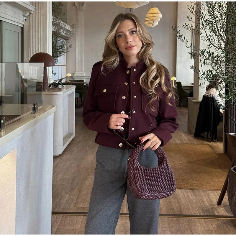 Cross-border European and American Women's AliExpress Explosions Fashion Collar Retro Casual Double-breasted Short Jacket Coat