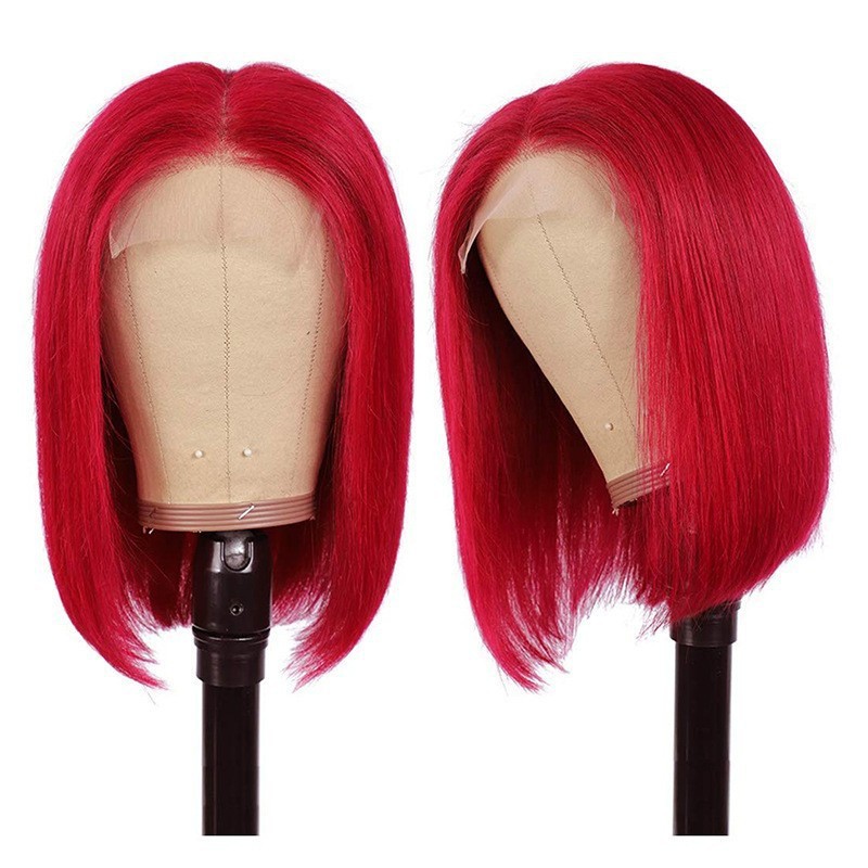 Wig European and American Style Lace Front Bob Red Wigs Women's Short Straight Hair Synthetic Fiber Fashionable Long Straight Hair