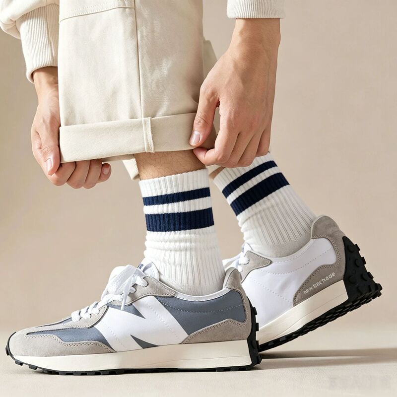 Men's spring and autumn mid-calf cotton socks, sweat-absorbing and breathable, with a retro college style and double-bar striped design, suitable for sports and casual wear Men's spring and autumn mid-calf cotton socks, sweat-absorbing and breathable, with a retro college style and double-bar striped design, suitable for sports and casual wear