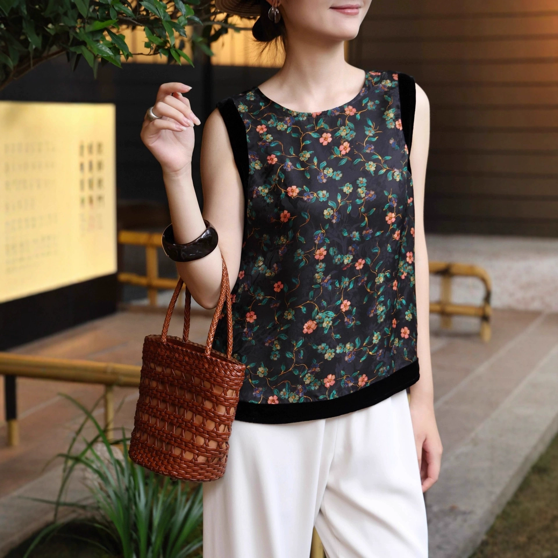 南油新中式国风真丝绒拼接香云纱背心简约复古原创设计唐装女马夹