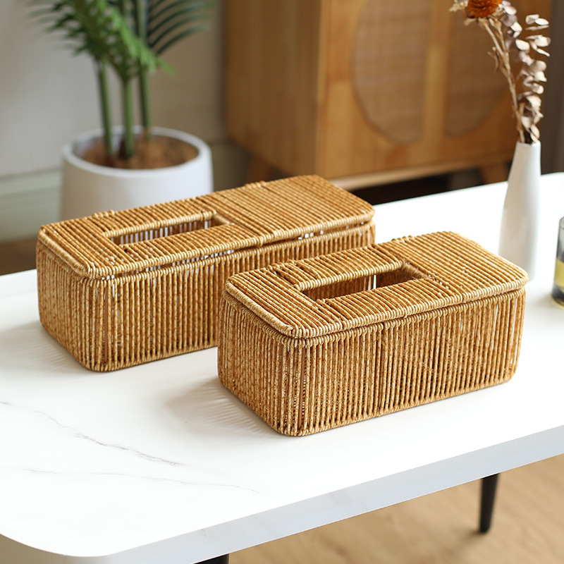 Caja de pañuelos de papel simple japonesa, caja de almacenamiento de pañuelos de ratán, mesa de centro de sala de estar para el hogar tejida a mano, caja de dibujo para coche