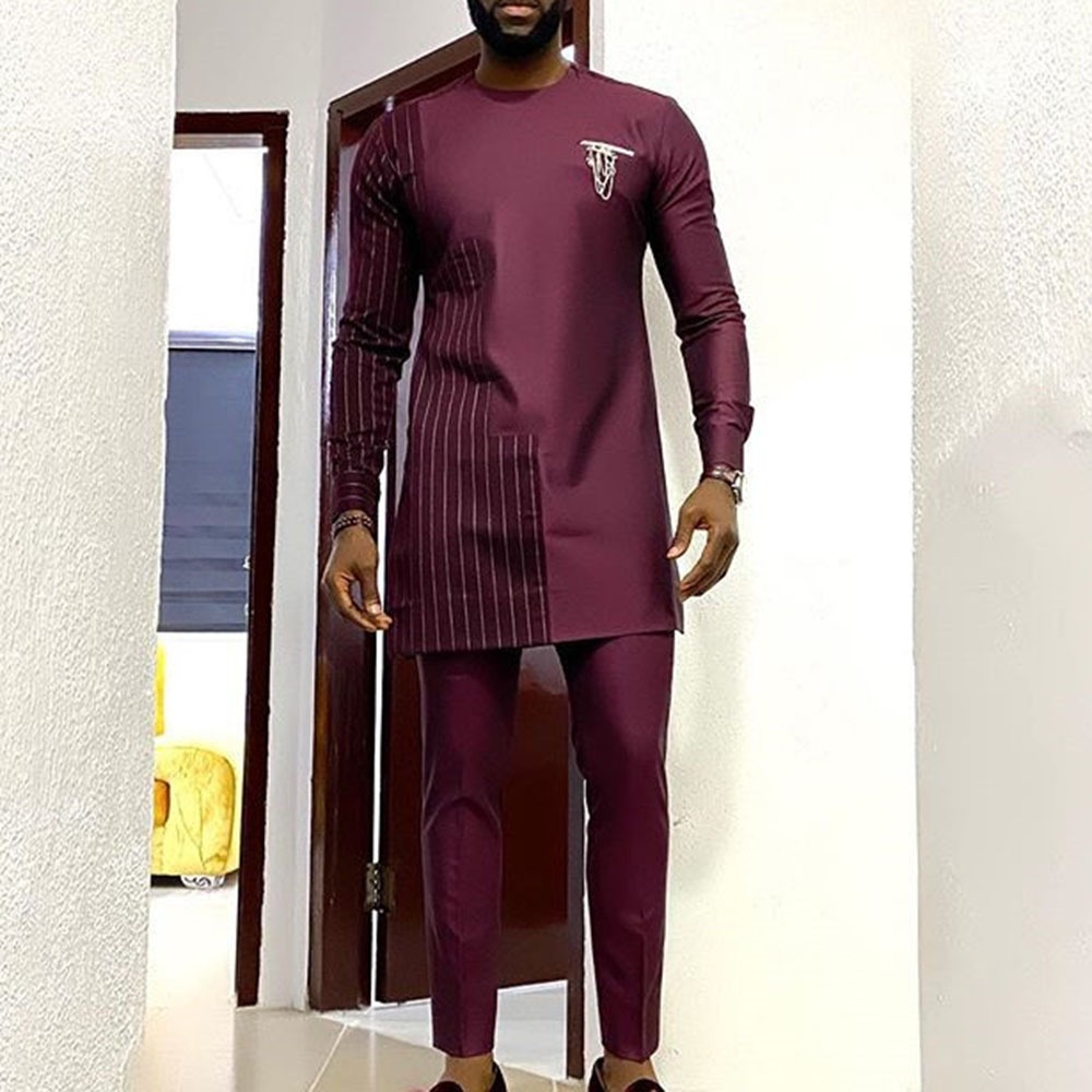 Traje de boda tradicional africano para hombre, conjunto de 2 piezas, cuello redondo, manga larga, top y pantalones, comercio exterior