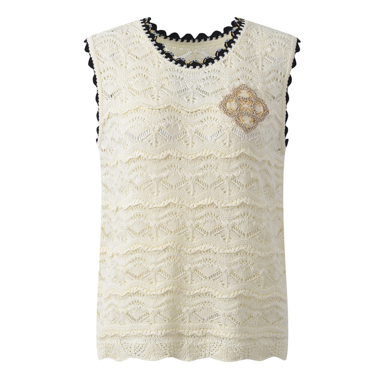 2026 Summer New Black and White Contrast Color Crochet Beaded Sleeveless Simple Versatile Knit Vest Top