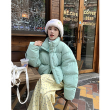 实拍 2023冬季韩版小众ins风绿色短款面包服女+淡淡黄碎花背带裤