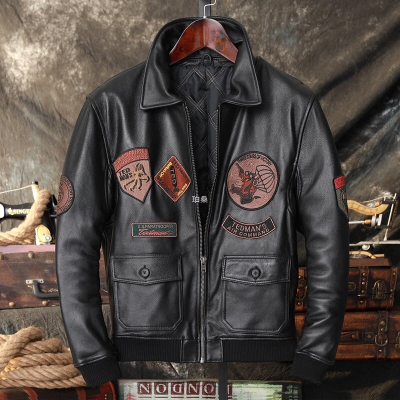 Flight Suit Leather Jacket, World War Ii Leather Clothing, Genuine Sheepskin Leather Jacket, Men's Pilot Jacket with Multiple Logos, Stylish Padded Jacket