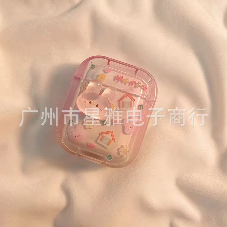 Защитный чехол INS для AirPods (1/2/3/Pro/Pro2/4) — фуксия с 3D-зайчиком и сердечком