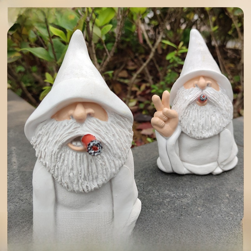 Garden white beard dwarf resin ornaments white robe smoking dwarf…