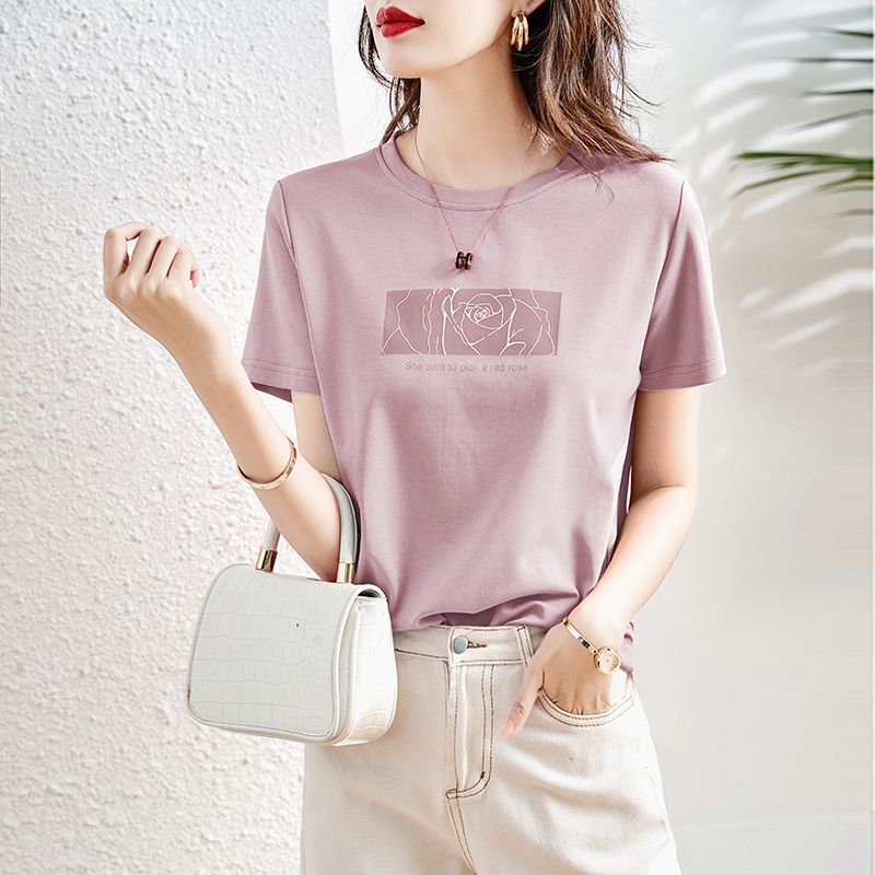 24 Summer Crewneck Shoulder Slimming Pink Short-sleeved T-shirt Women's Mogo Fish Yuan Chuang Casual Top Half-sleeved Cotton Base Shirt