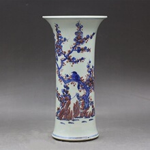 清康熙年制青花釉里红花鸟花觚花瓶中式摆件古玩古董仿古瓷器收藏