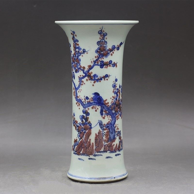 清康熙年制青花釉里红花鸟花觚花瓶中式摆件古玩古董仿古瓷器收藏
