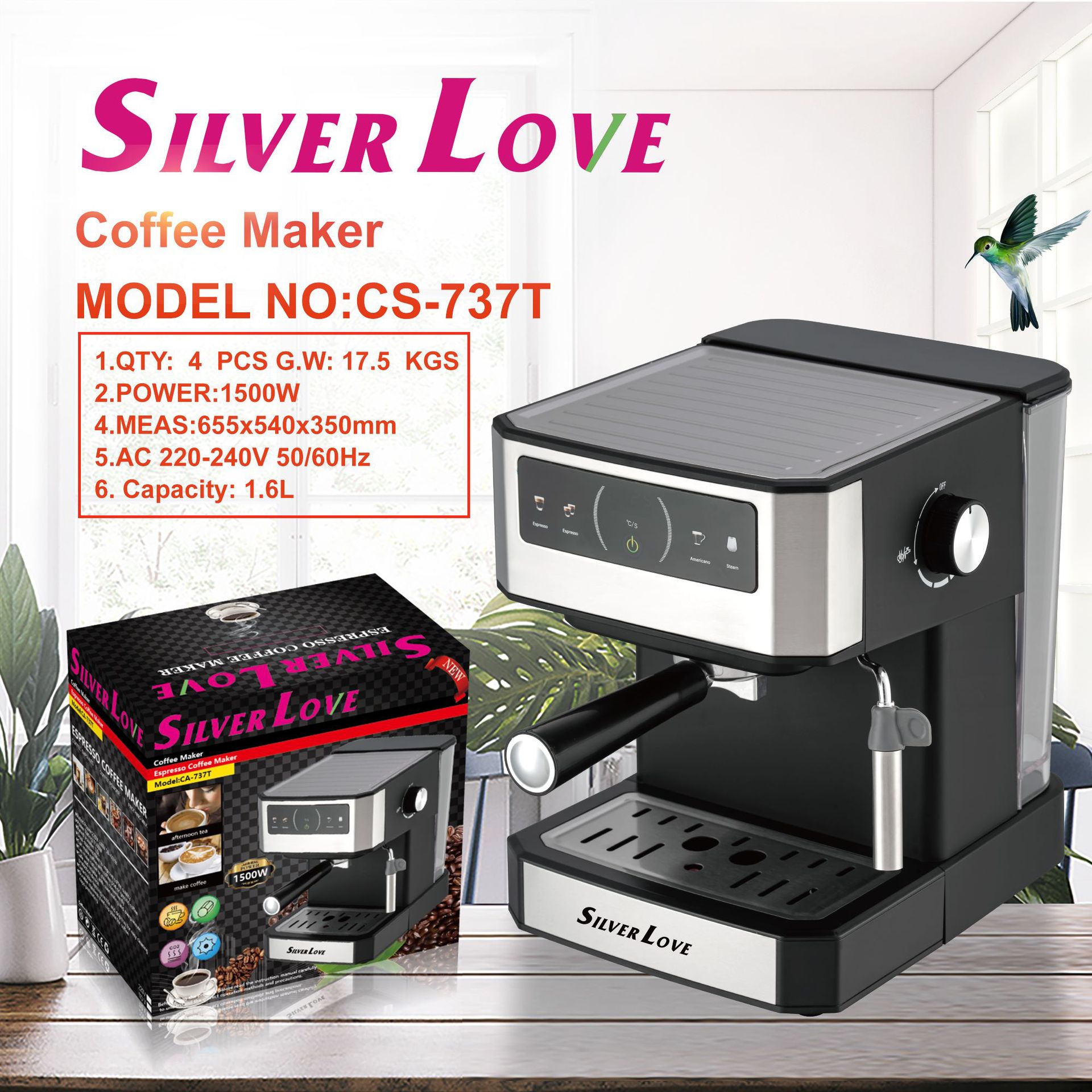 Foreign Trade Export 1.6L High-Quality Stainless Steel Multi-Functional Home Office Semi-Automatic Espresso Coffee Machine