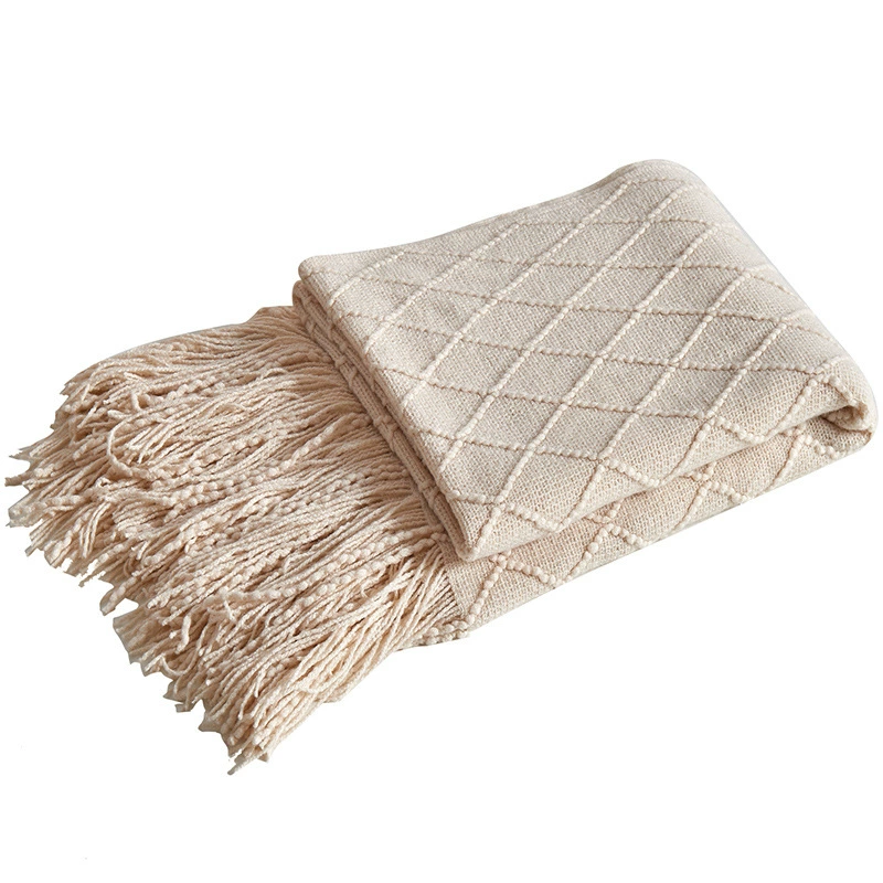 Nordic Retro Rhombus Wool Blanket, Knitted Fringe Throw, 125×170 cm, Bed & Sofa Blanket