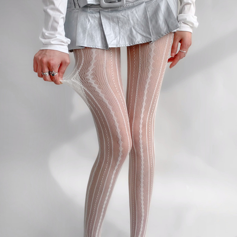 Spring Summer Retro Vertical Jacquard Sexy Black Silk Hot Girl Pure Desire Beautiful Leg Stockings Hollow Lace Mesh_voghion.com