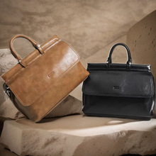 复古邮差包公文包多隔层质感油蜡皮手提单肩斜挎包通勤包手拎街头