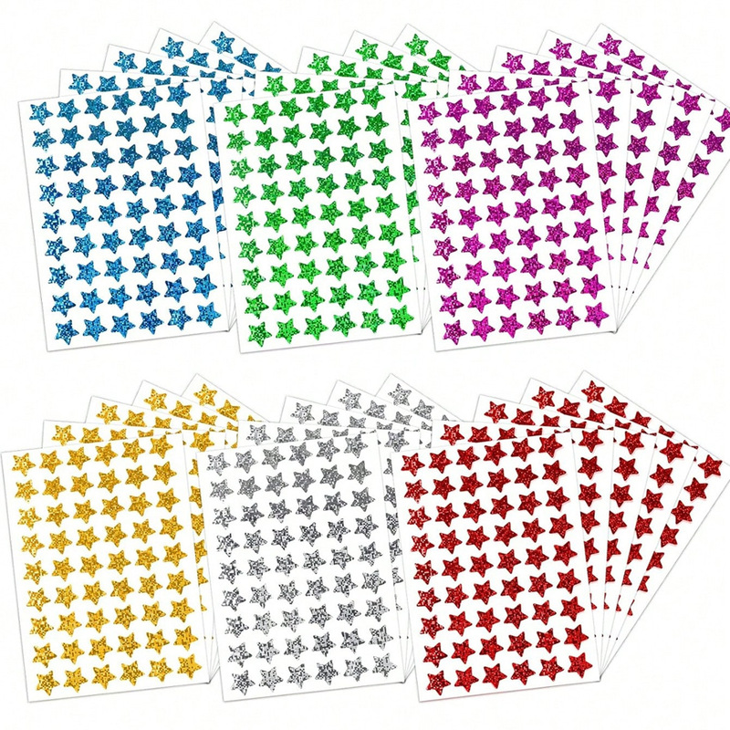 54 Stickers/Sheet Holographic Star Stickers 6 Colors Laser Smiley Five-Pointed Star Kidsren's Reward Cartoon Stickers