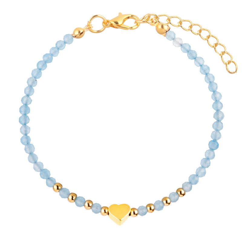 Women's Heart-Shaped Bracelet with Gold Plating, Adjustable Crystal Bead Bracelet, Aquamarine Faceted Beads, Heart Chain Bracelet Women's Heart-Shaped Bracelet with Gold Plating, Adjustable Crystal Bead Bracelet, Aquamarine Faceted Beads, Heart Chain Bracelet