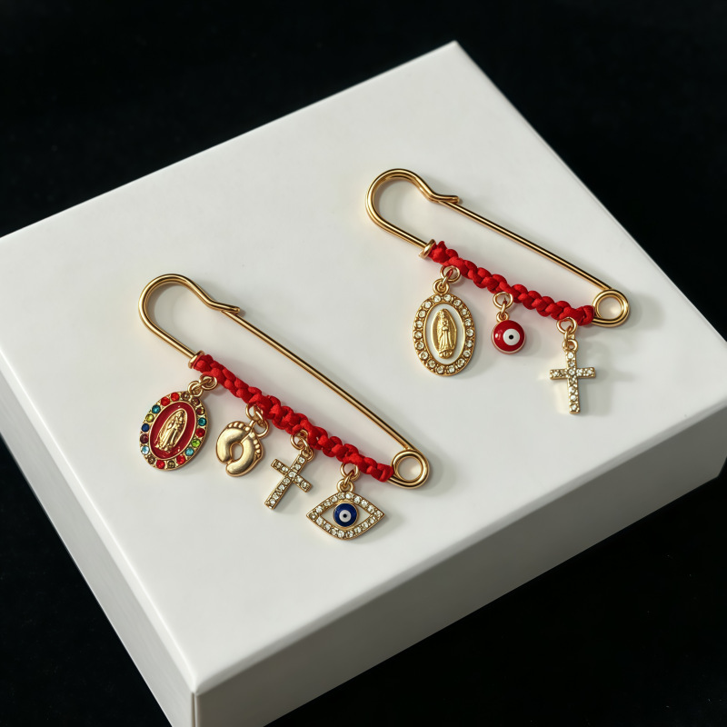 Red Rope Braided Brooch with Diamonds, Vintage Alloy Pin, Evil Eye Cross Pendant, Clothing Pin, Large Pin Accessory
