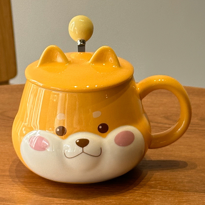 2024 Taza Shiba Inu creativa y linda con tapa, cuchara, taza de cerámica para el hogar de alto valor, taza de agua para parejas, regalo de mano
