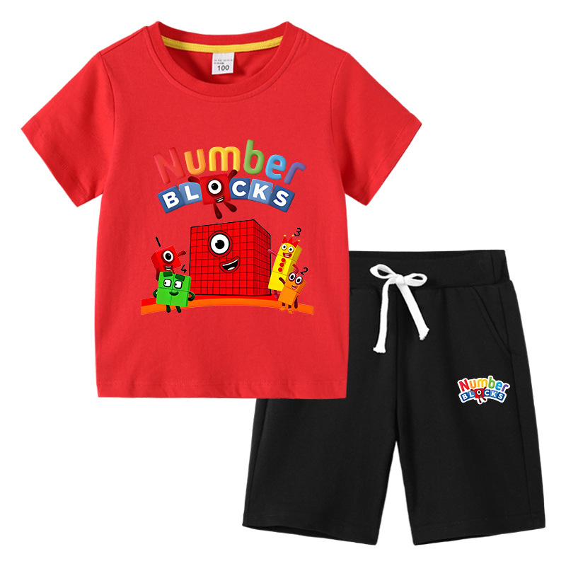 Children's Digital Building Block Boys' T-Shirt Summer New Half-Sleeve Cotton Short-Sleeve Top and Shorts Two-Piece Set Trendy Clothes