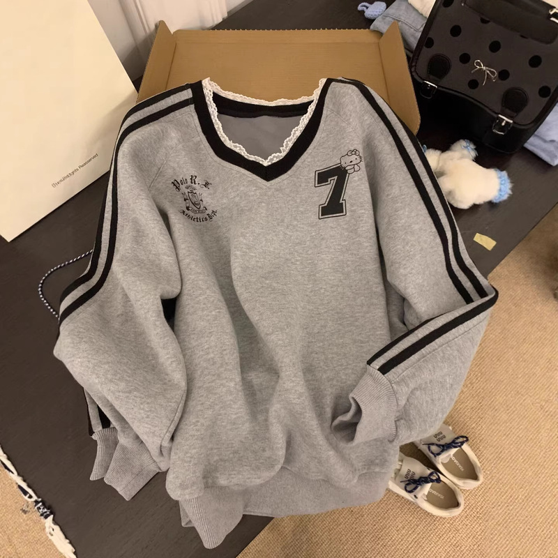 Cotton Blend Fleece American-Style Letter Print V-Neck Long-Sleeve Sweatshirt Women's Autumn/Winter Lace Loose Casual Top