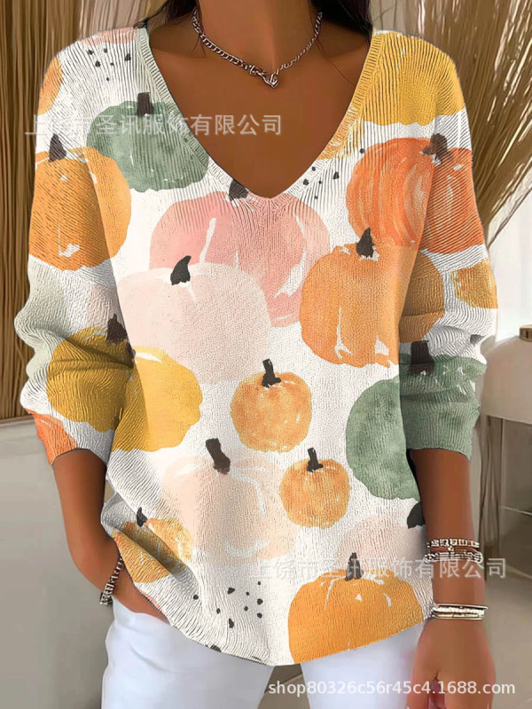 欧美跨境独立站新款3D印花女士时尚渐变色V领长袖T恤上衣|undefined