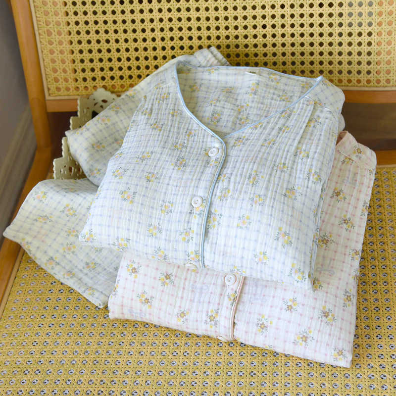 Women's autumn new collection: pure cotton gauze pajama set with built-in bra, long sleeves, plus size, loose fit, suitable for wearing as loungewear