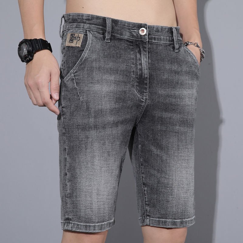 Stretch denim shorts heren dunne, trendy, veelzijdige borduurwerk cropped zachte paardenbroek zomer_voghion.com