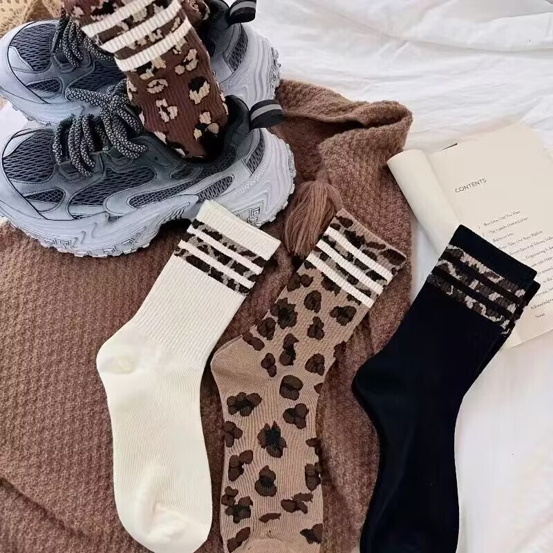 Leopard Print Socks for Women, Striped Mid-Calf Socks, Versatile Ins-Style American Fashion Women's Socks