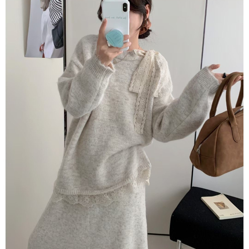 法式温柔风套装针织裙女秋冬大码胖mm蕾丝拼接毛衣半身裙两件套装|undefined