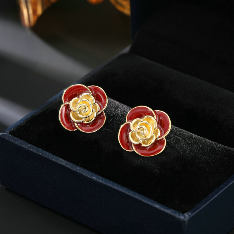 S925 Silver Needle Niche Premium Flower Earrings Ankola Red Camellia Stud Earrings_voghion.com