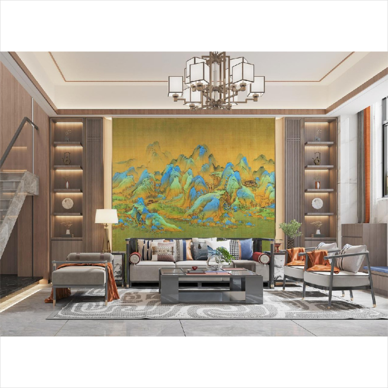 千里江山图刺绣壁画新中式复古壁纸壁布电视背景墙纸山水装饰墙布