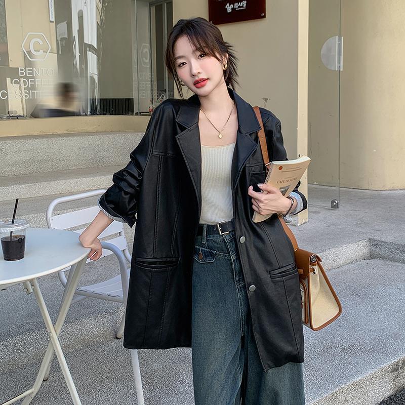 Real Shot of Black Stylish and Chic Pu Leather Jacket for Women, 2026 Spring and Autumn New Korean Style High-End Slim-Fit Leather Blazer