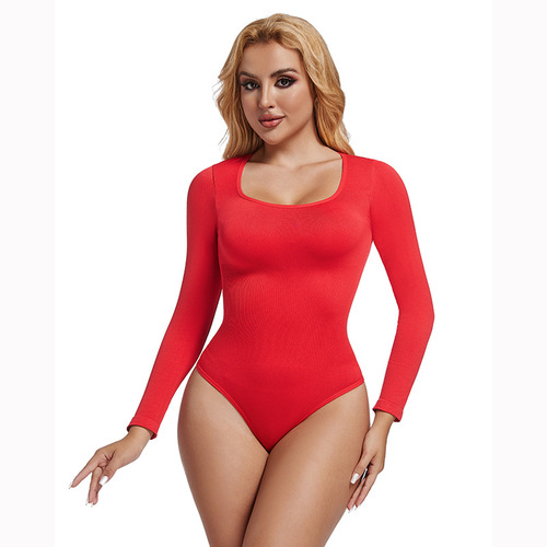 Bestselling trendy autumn new seamless thread square neck waist-cinching buttoned bodycon dress