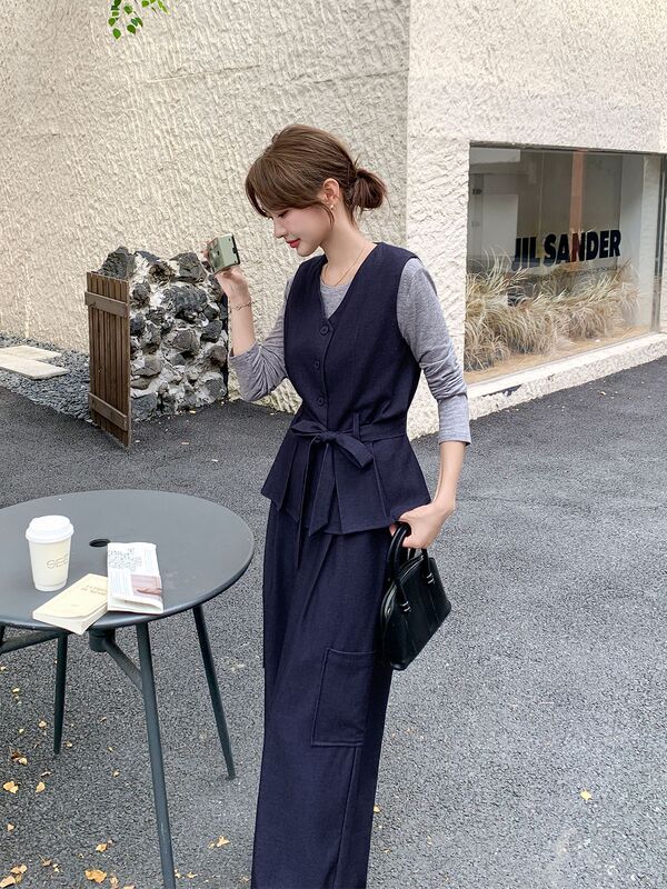 超火收腰马甲阔腿裤套装女春秋三件套韩系超火减龄ootd穿搭老钱风|undefined