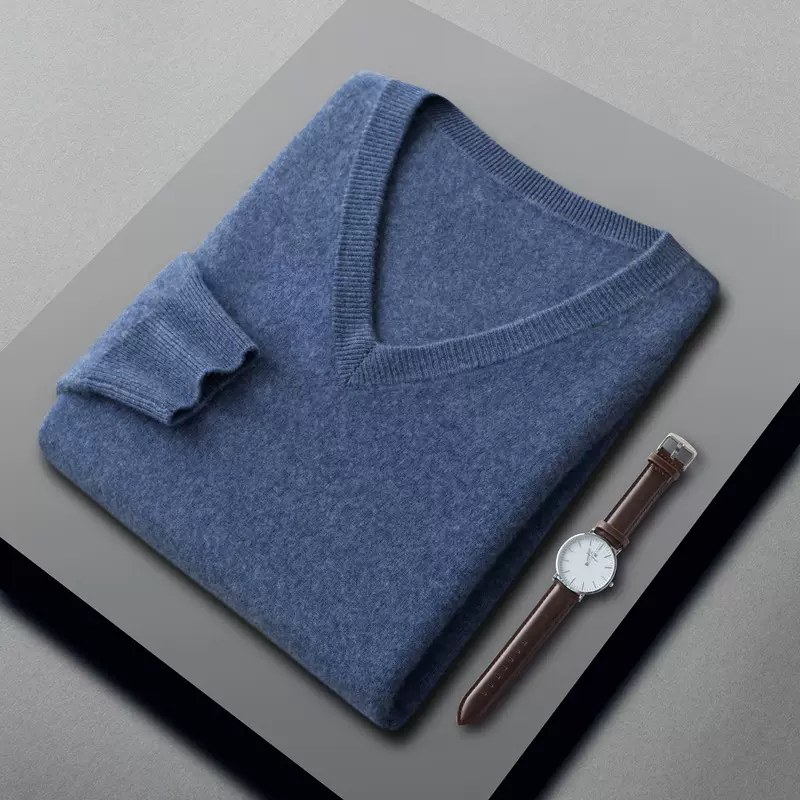 秋冬山羊绒衫男士毛衣简约休闲v领男羊毛衫鸡心领针织打底衫套头