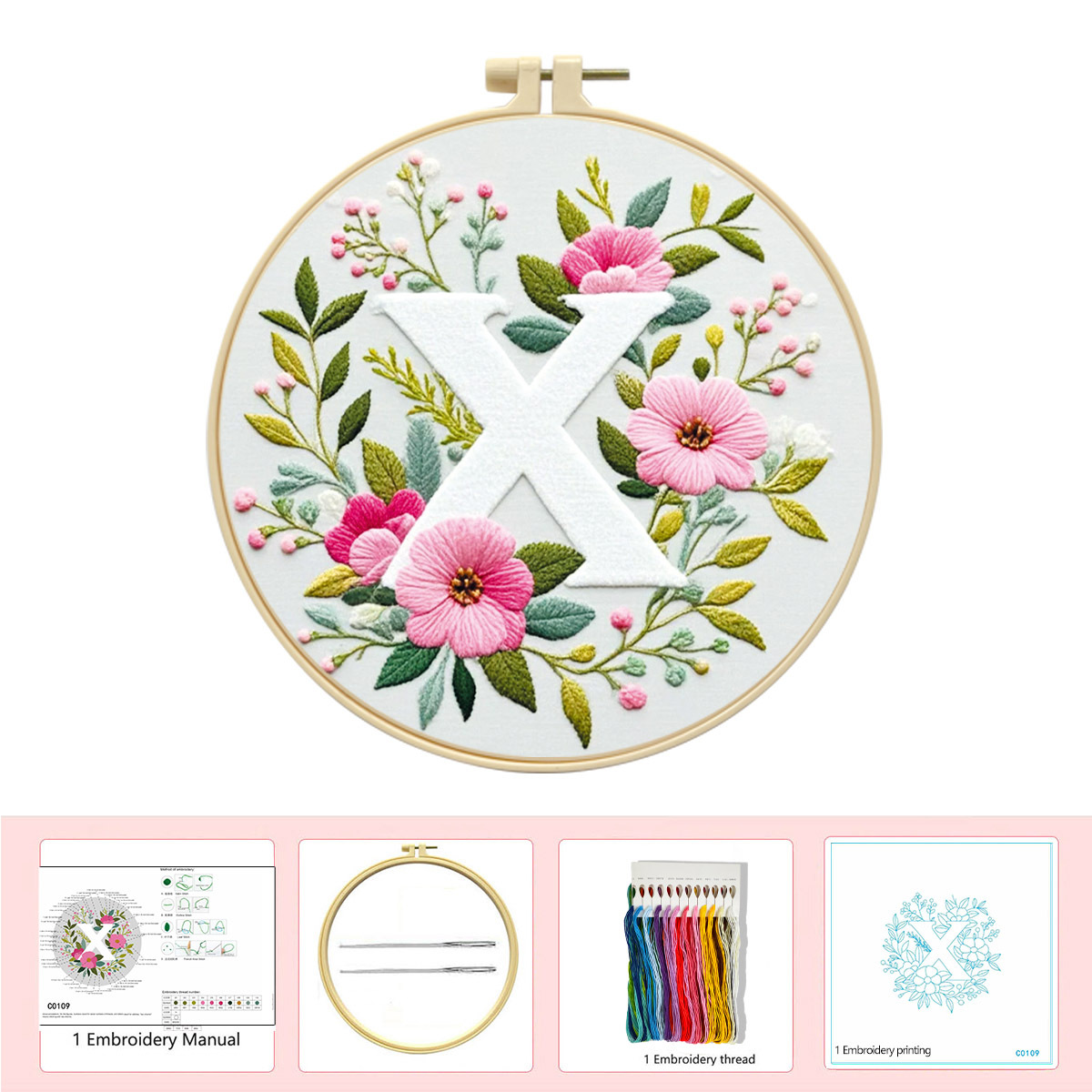 Hecho a mano flores y plantas europeas bordadas paquetes de materialdiy inglés 26 letras simple principiante nivel de bordado al por mayor