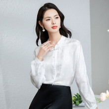 白衬衣女款高级感2025春秋季新款桑蚕丝立领中式国风提花真丝衬衫