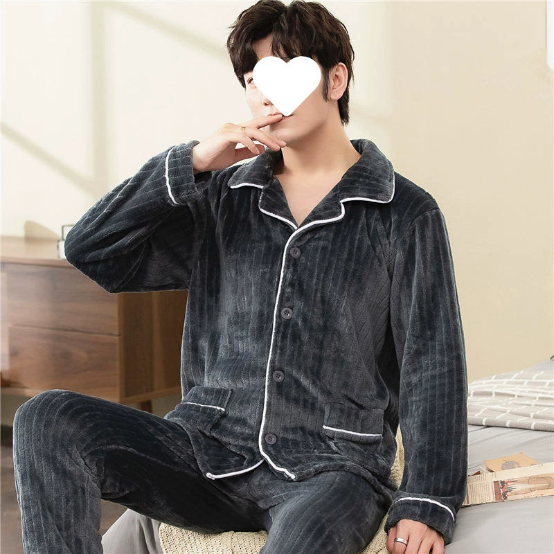Осенние и зимние пижамы для мужчин, фланель плюс жир и лишние фунты, носибельная повседневная домашняя одежда, коралловые бархатные пижамы на зиму.