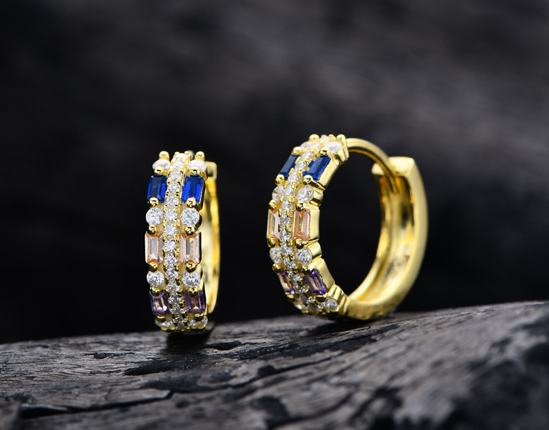Fashion Color Block Sterling Silver Inlaid Zircon Hoop Earrings 1 Pair