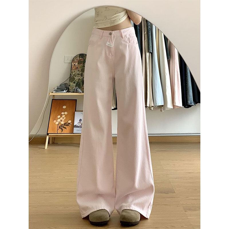 Light Pink Wide-Leg Jeans for Women 2025 New Dopamine Sweet Cool High-Waisted Slimming Loose Floor-Length Straight-Leg
