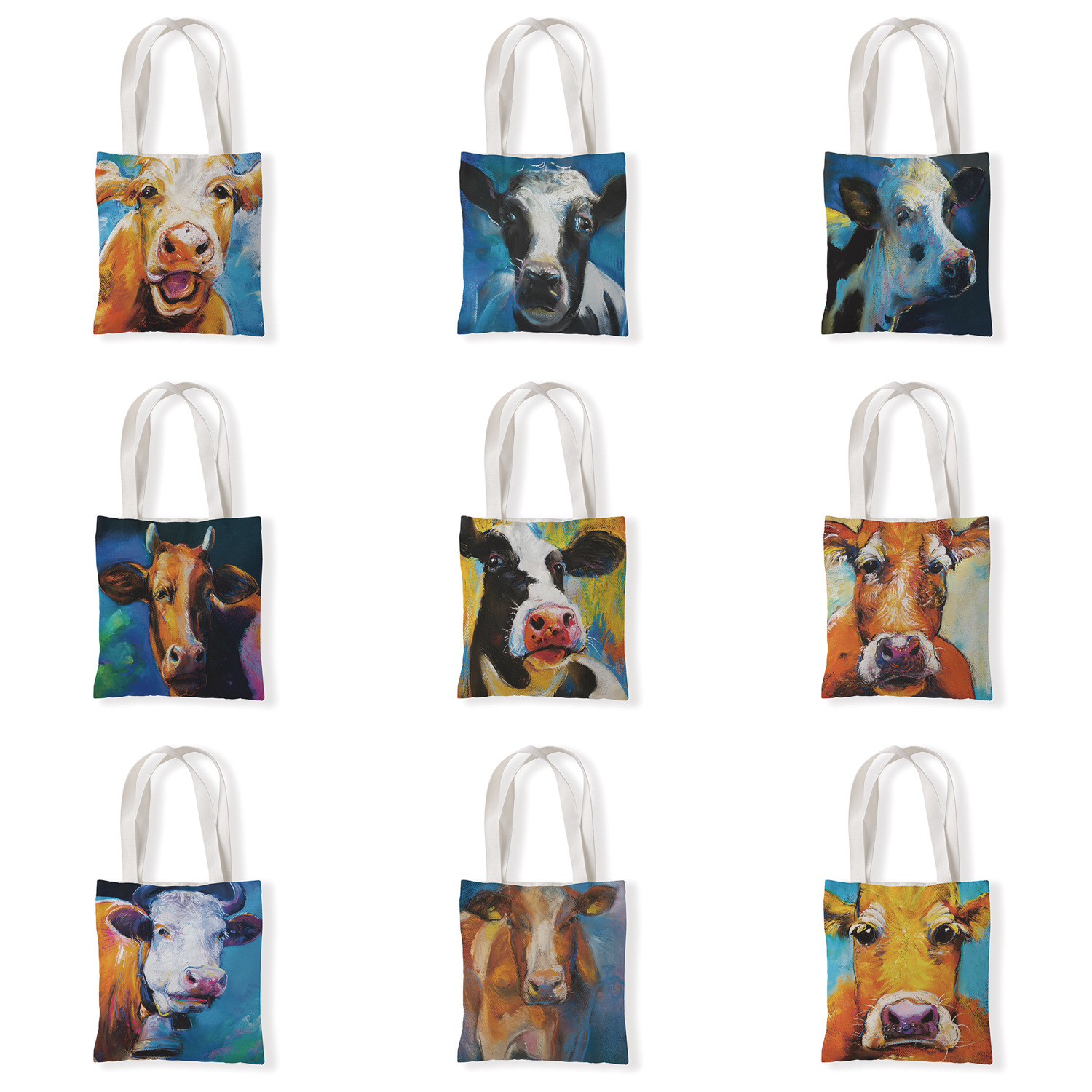 创意油画牛帆布袋休闲单肩袋手拎来图定制零钱袋便携购物袋